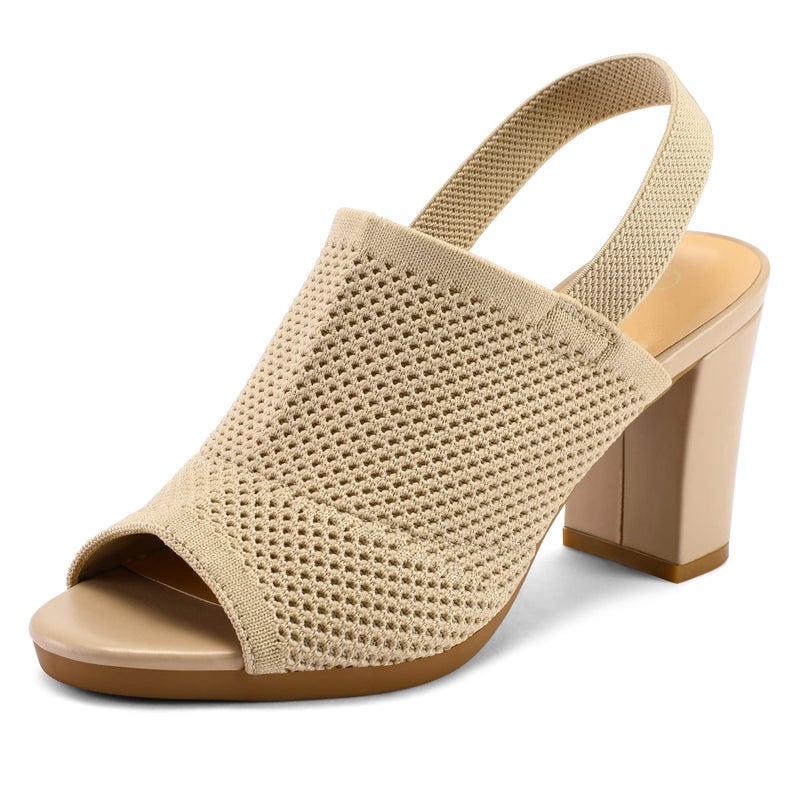mysoft Women's Knit Chunky Block High Heels Elastic Slingback Open Toe 3 Inch Heeled Sandals,Nude,9 US - Image 1