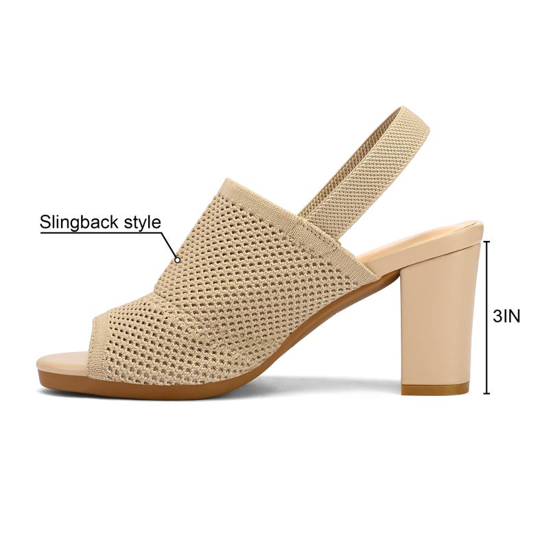 mysoft Women's Knit Chunky Block High Heels Elastic Slingback Open Toe 3 Inch Heeled Sandals,Nude,9 US - Image 3