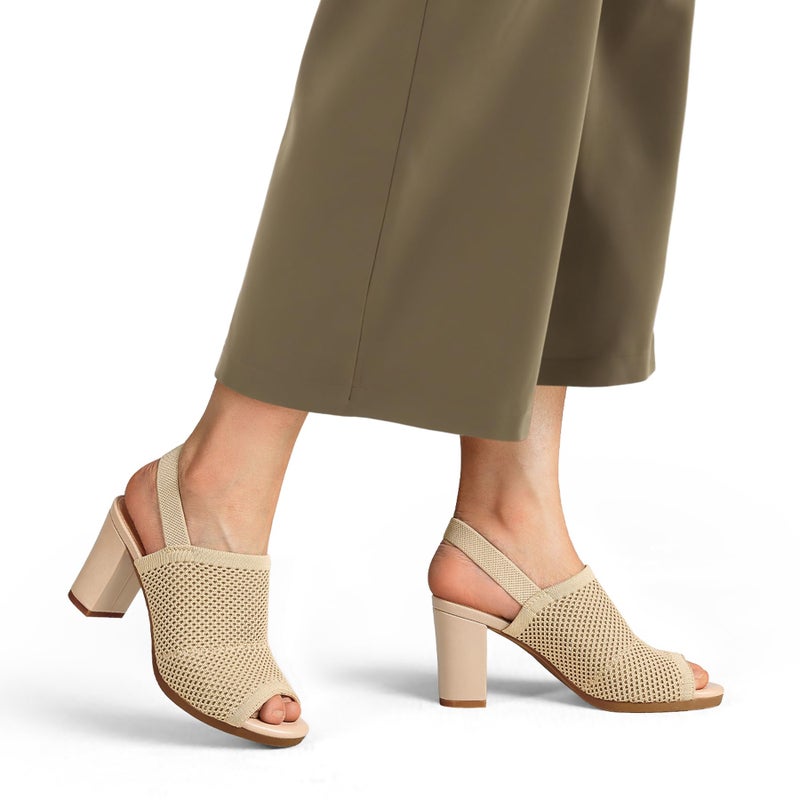 mysoft Women's Knit Chunky Block High Heels Elastic Slingback Open Toe 3 Inch Heeled Sandals,Nude,9 US - Image 5
