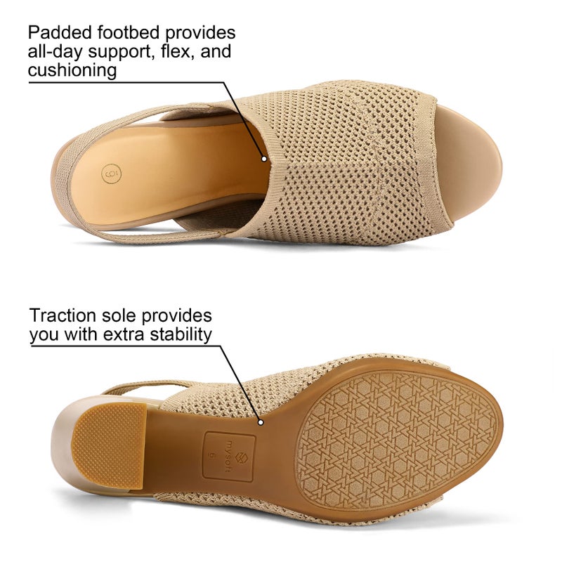 mysoft Women's Knit Chunky Block High Heels Elastic Slingback Open Toe 3 Inch Heeled Sandals,Nude,9 US - Image 4