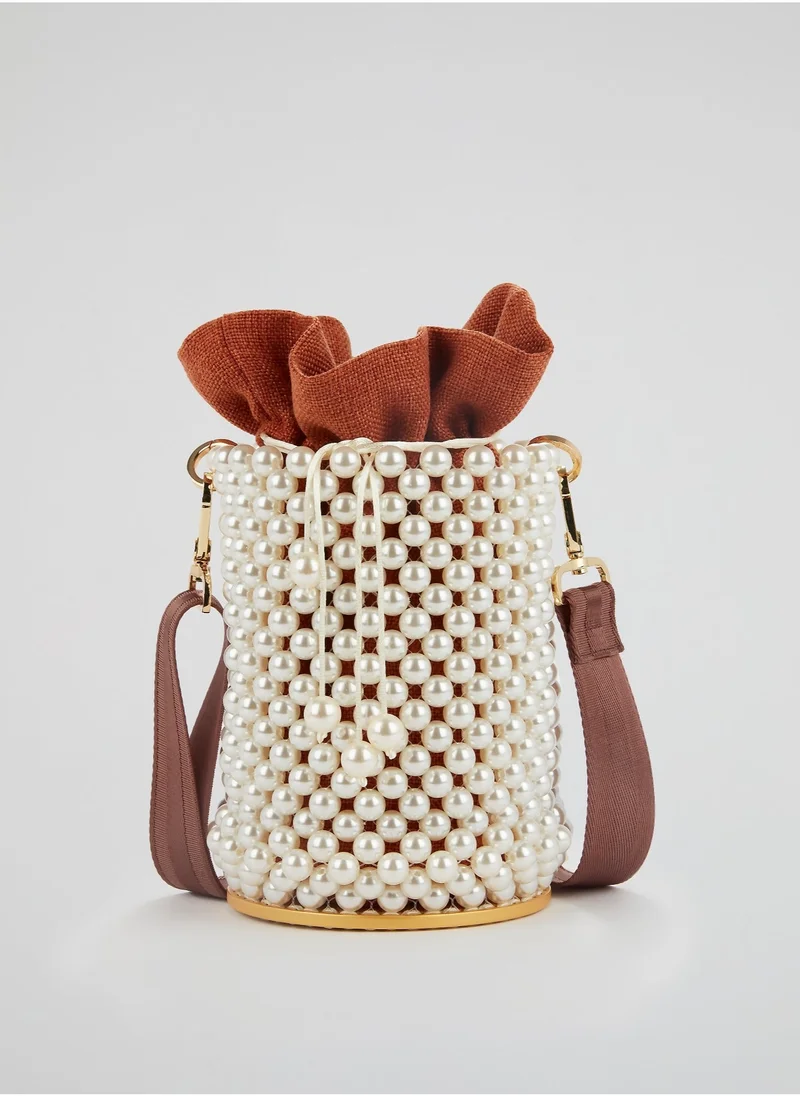 0711 Tbilisi Orange Pearl Embellished Bucket Bag