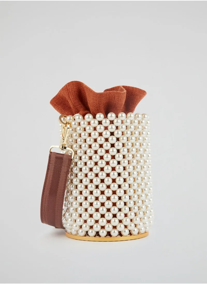 0711 Tbilisi Orange Pearl Embellished Bucket Bag