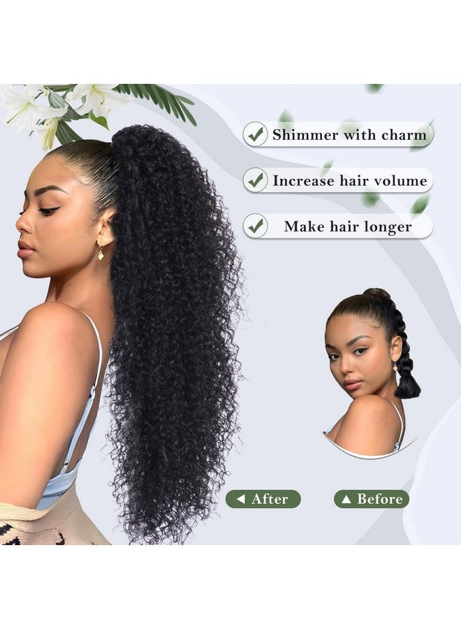 اليبيري وصلة ذيل حصان برباط بطول 27 بوصة من Alebery للنساء ذوات البشرة السوداء، وصلة ذيل حصان مجعدة بعمق، مصنوعة من شعر صناعي ممزوج بقطع شعر بشري، ذيل حصان مجعد أفريقي للاستخدام اليومي (أسود) - Image 2