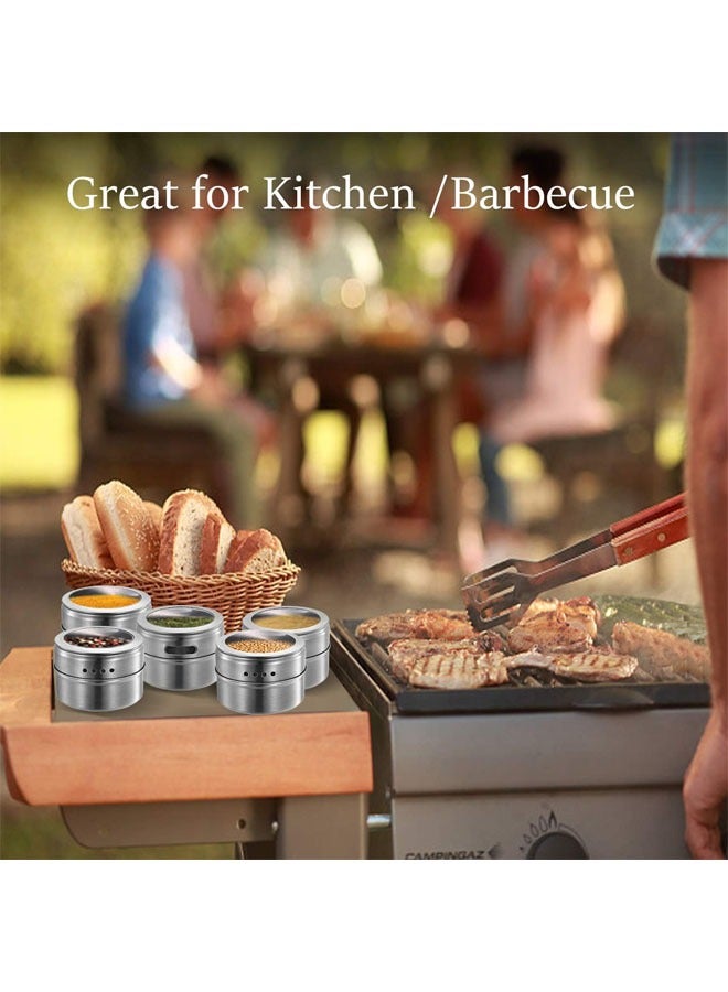 Magnetic Spice Tins, 9 PCS Stainless Steel Spice Tins with Pedestal, Spice Storage Container for Kitchen, Spice Jars with Lid and Small Holes, Easy to Clean and Rust Free, Wall Mounted, for Outdoor BBQ Camping Travel