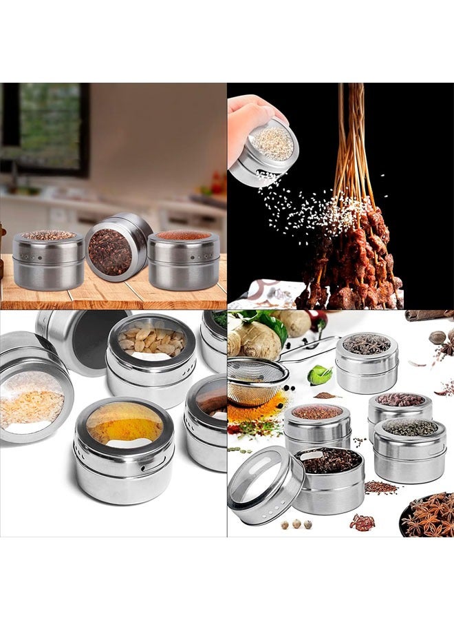 Magnetic Spice Tins, 9 PCS Stainless Steel Spice Tins with Pedestal, Spice Storage Container for Kitchen, Spice Jars with Lid and Small Holes, Easy to Clean and Rust Free, Wall Mounted, for Outdoor BBQ Camping Travel
