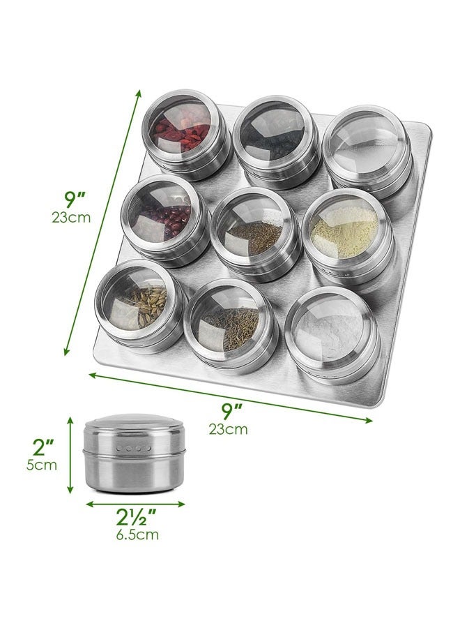 Magnetic Spice Tins, 9 PCS Stainless Steel Spice Tins with Pedestal, Spice Storage Container for Kitchen, Spice Jars with Lid and Small Holes, Easy to Clean and Rust Free, Wall Mounted, for Outdoor BBQ Camping Travel