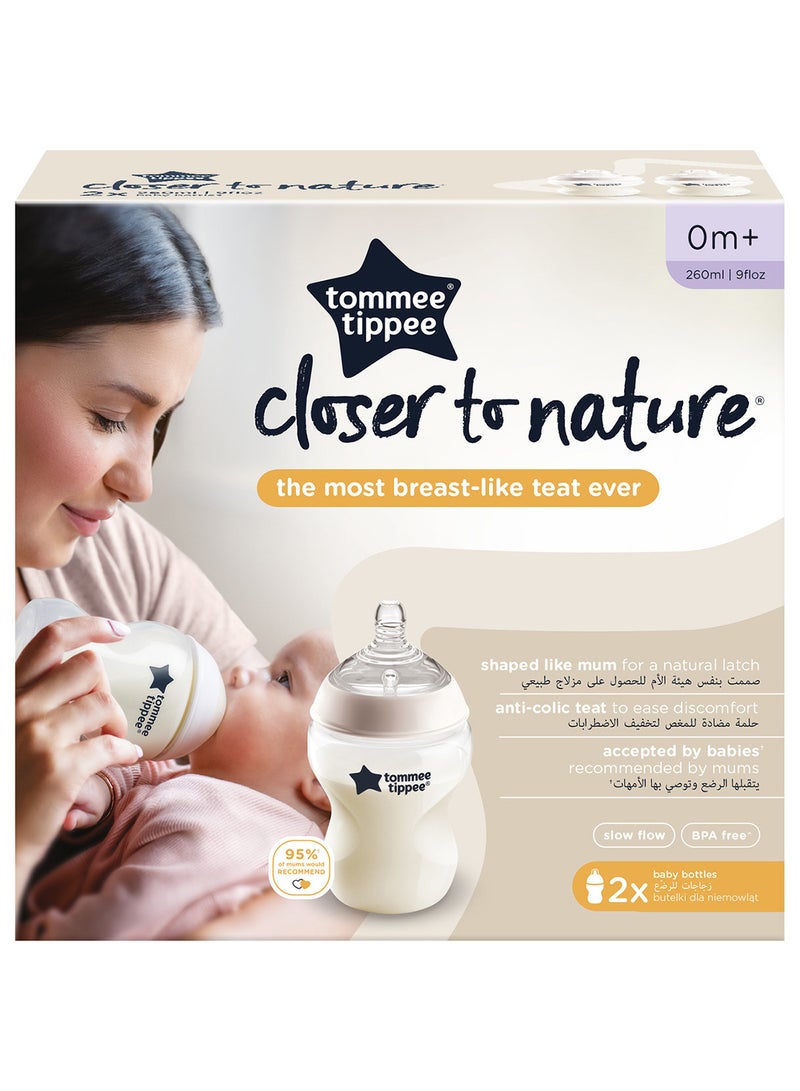 tommee tippee Pack Of 2 Closer To Nature Baby Feeding Bottles With Anti-Colic Valve, Slow-Flow, 0 Months +, 2 X 260 ML, Clear - Image 3