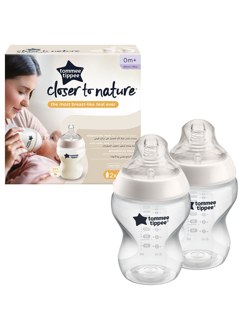 tommee tippee Pack Of 2 Closer To Nature Baby Feeding Bottles With Anti-Colic Valve, Slow-Flow, 0 Months +, 2 X 260 ML, Clear - Image 2