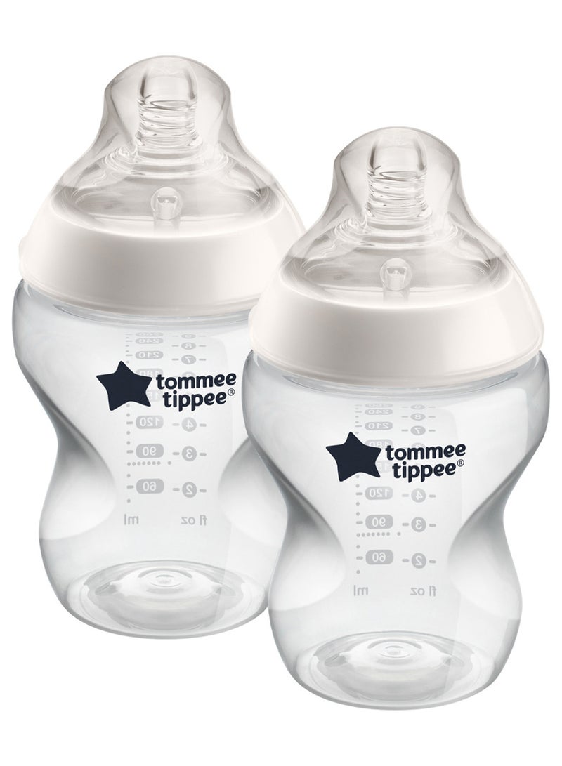 tommee tippee Pack Of 2 Closer To Nature Baby Feeding Bottles With Anti-Colic Valve, Slow-Flow, 0 Months +, 2 X 260 ML, Clear - Image 1