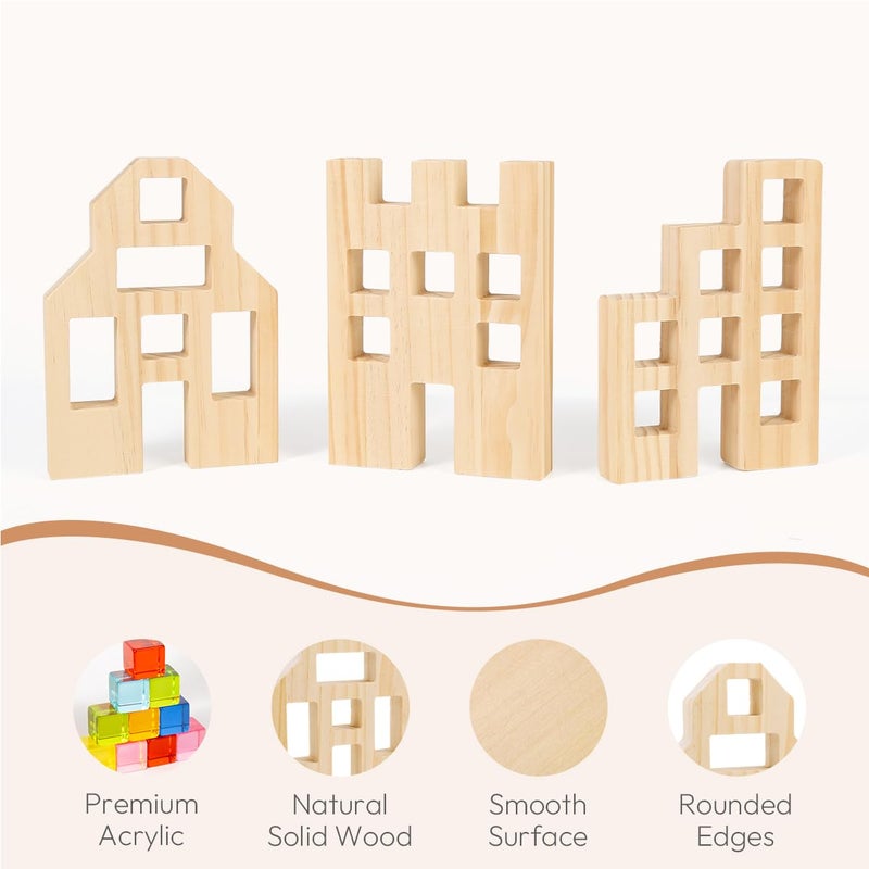 Woodtoe Wooden Building Blocks Set for Kids, 36 PCS Rainbow Acrylic Gem Cubes Blocks - 3 Wood House, Montessori Stacking Toy for Toddlers, Educational STEM Birthday Easter Gifts for Boys Girls 3-6 - Image 4
