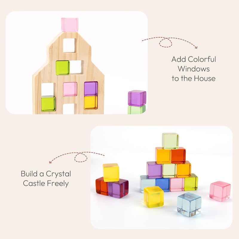 Woodtoe Wooden Building Blocks Set for Kids, 36 PCS Rainbow Acrylic Gem Cubes Blocks - 3 Wood House, Montessori Stacking Toy for Toddlers, Educational STEM Birthday Easter Gifts for Boys Girls 3-6 - Image 3