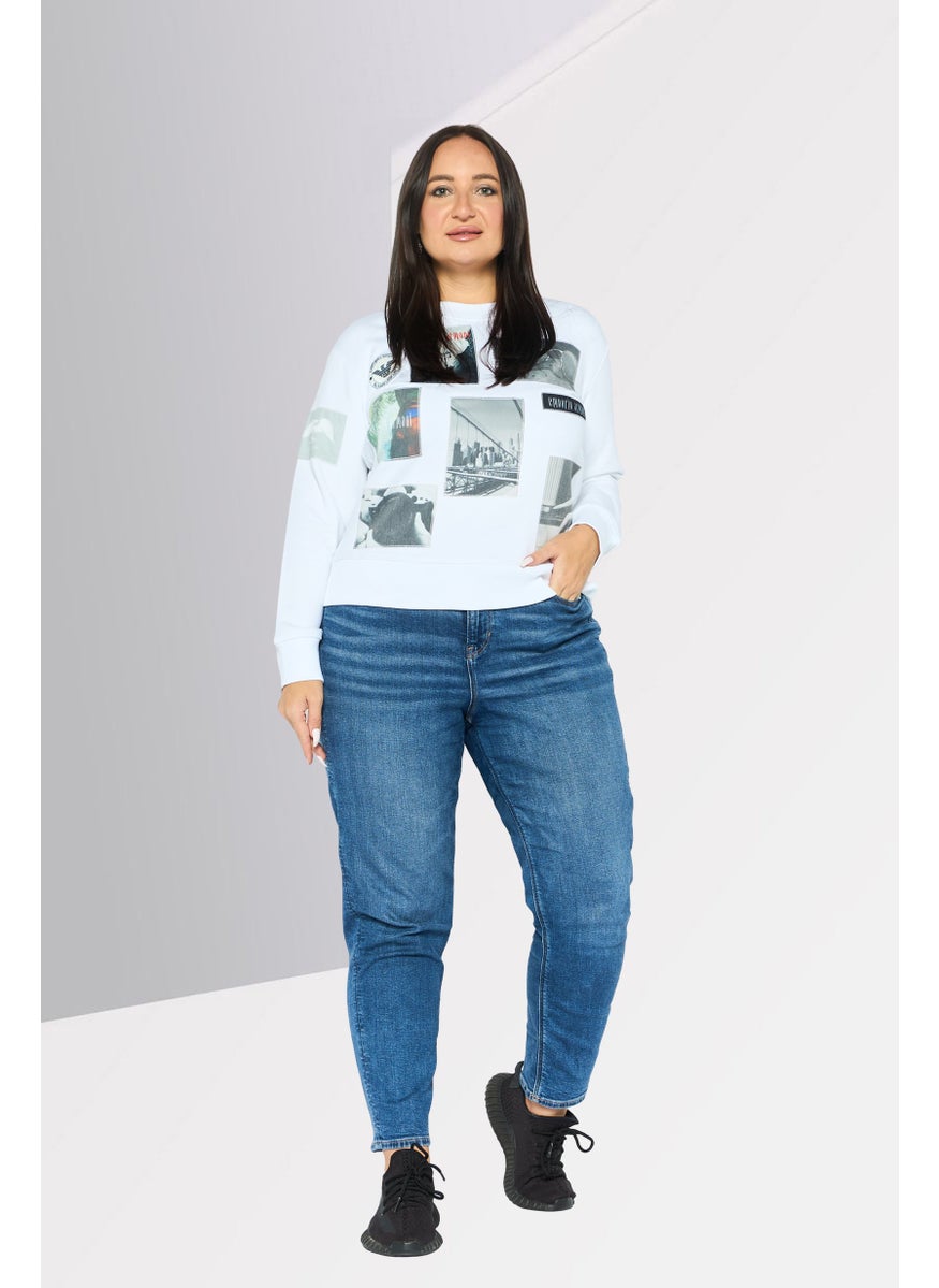 EMPORIO ARMANI Women Crew Neck Graphic Long Sleeve Sweatshirt, White Combo  - Image 2