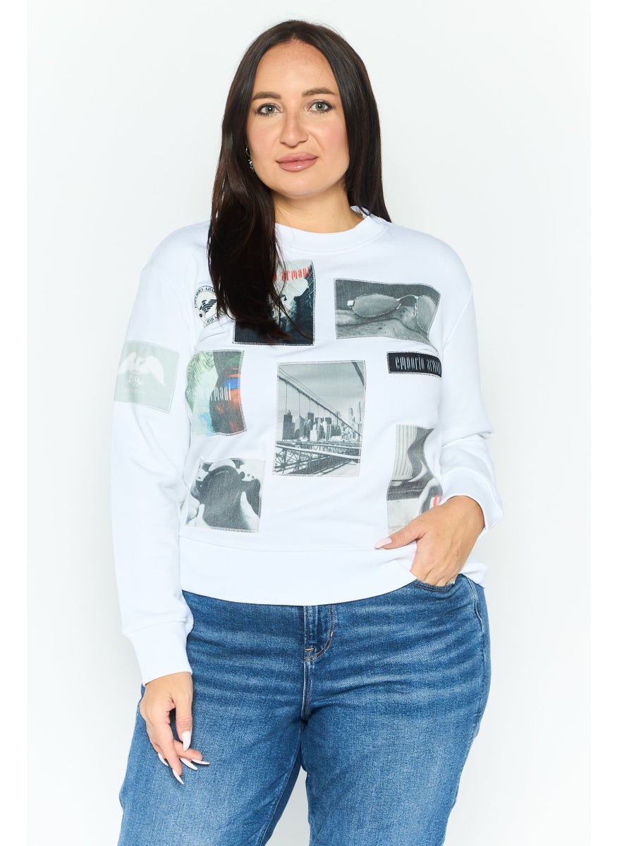 EMPORIO ARMANI Women Crew Neck Graphic Long Sleeve Sweatshirt, White Combo  - Image 1