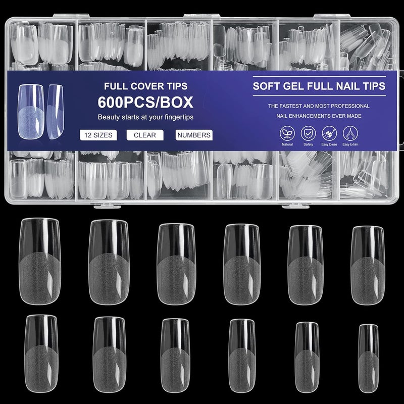 AORAEM Square Nail Tips 600 PCS Artificial Full Cover Nail Tips Soft Clear Nail Tips 12 Sizes Acrylic Medium Square Press on Nails Tapered Square False Nails with Box for Home DIY Nail Salon