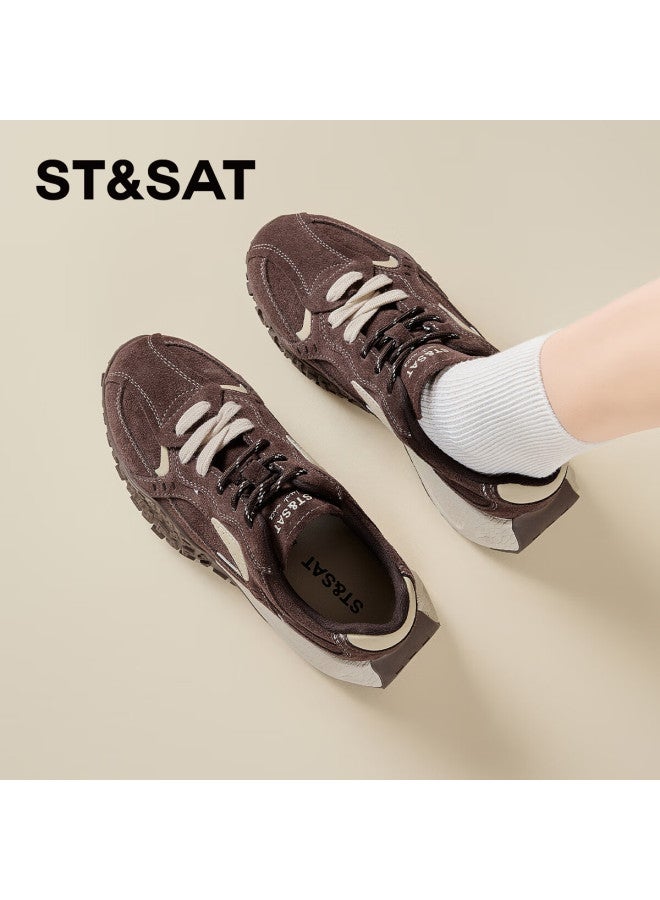 St&sat Women's Training Shoes Autumn Winter  New Genuine Leather Thick Sole Casual Coffee Color Height Increasing Sneakers