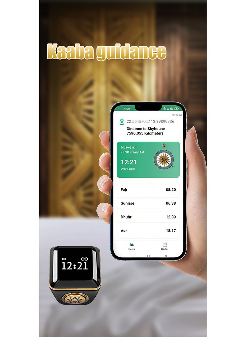 بستوش خاتم تسبيح ذكي للذكر والصلاة الإسلامية وتذكير بأوقات الصلاة وشاشة OLED وعداد تسبيح وتقنية قابلة للارتداء ومقاومة للماء باللون الأسود 20 مم - Image 4