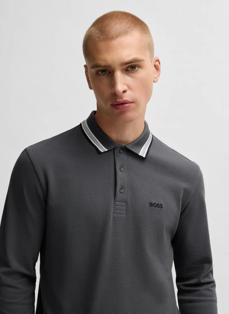 بوس Long-sleeved knit polo shirt in cotton piqué
