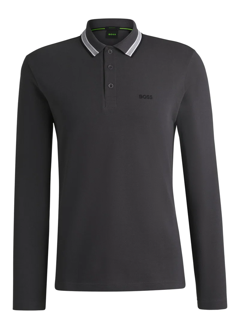 بوس Long-sleeved knit polo shirt in cotton piqué