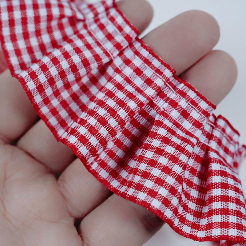 Kehuadiy 10 Yards Gingham Ruffle Pleated Lace Trim, Gingham Lace Ribbon Fabric Trims for Sewing Making Crafts Dress Curtain Wedding Costume Pillowcase Decor (red) - Image 1