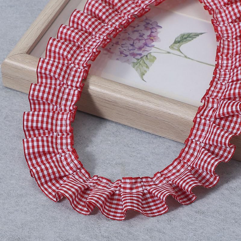 Kehuadiy 10 Yards Gingham Ruffle Pleated Lace Trim, Gingham Lace Ribbon Fabric Trims for Sewing Making Crafts Dress Curtain Wedding Costume Pillowcase Decor (red) - Image 4