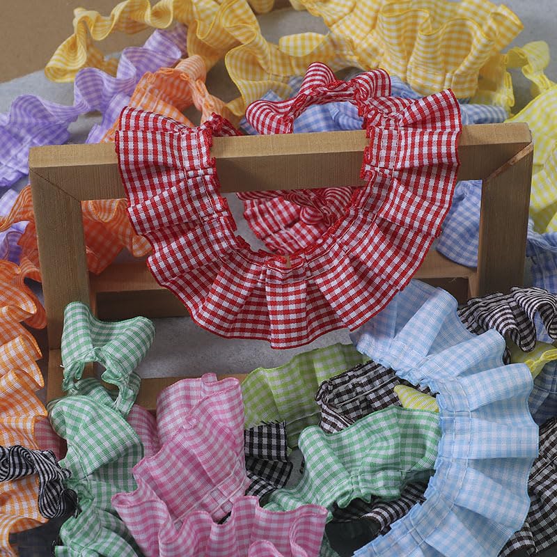 Kehuadiy 10 Yards Gingham Ruffle Pleated Lace Trim, Gingham Lace Ribbon Fabric Trims for Sewing Making Crafts Dress Curtain Wedding Costume Pillowcase Decor (red) - Image 5