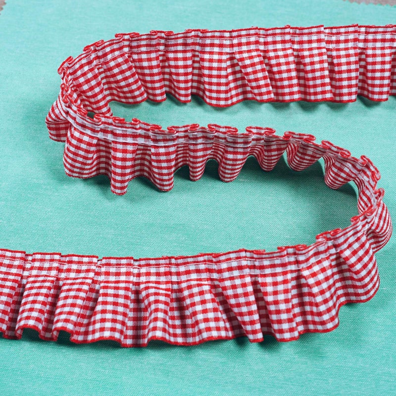 Kehuadiy 10 Yards Gingham Ruffle Pleated Lace Trim, Gingham Lace Ribbon Fabric Trims for Sewing Making Crafts Dress Curtain Wedding Costume Pillowcase Decor (red) - Image 3
