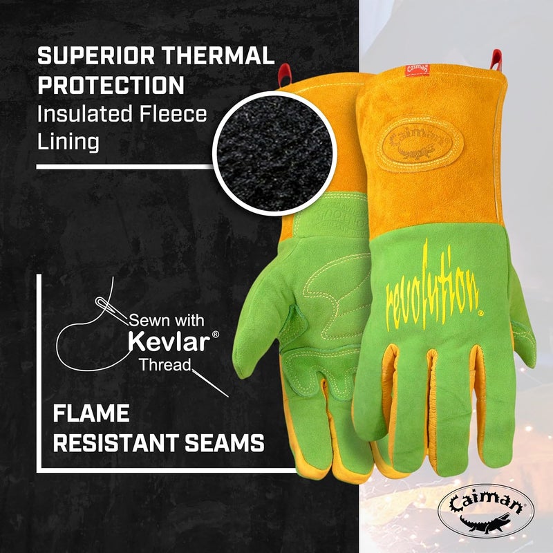 Caiman Caiman Premium Wasabi Green Split Deerskin MIGStick Welding Gloves Flame Resistant FoamFleece Insulation Pulse Protector GreenGold XLarge 18166  - Image 3
