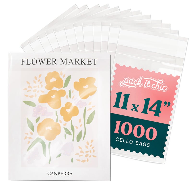 Pack It Chic - 11â€ X 14â€ Self Sealing Cellophane Bags (1000 Pack) - Resealable Adhesive Clear Bags for Gifts, 11X14 Photos, Prints, Envelopes, Documents