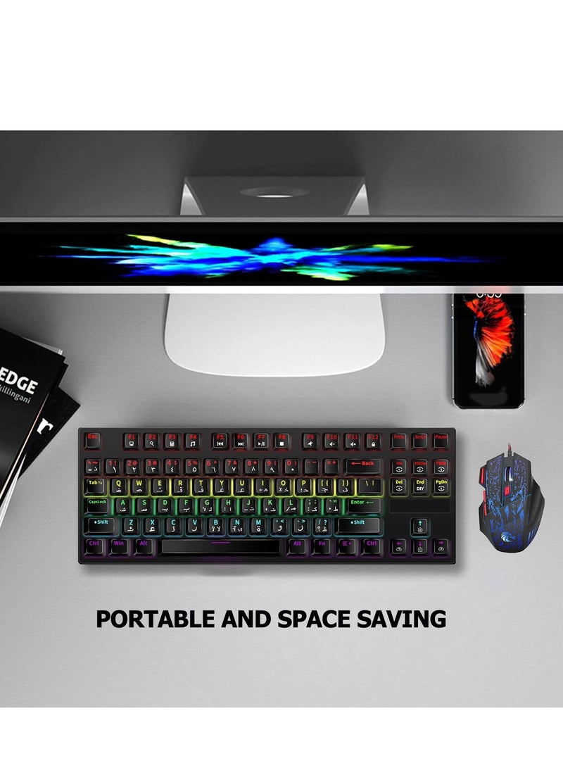 مجموعة لوحة مفاتيح ألعاب RGB إنجليزية عربية وماوس DPI، لوحة مفاتيح ميكانيكية 87 مفتاحًا بإضاءة خلفية LED، كيبورد قيمنق عربي مع ماوس 7 ألوان - Image 2
