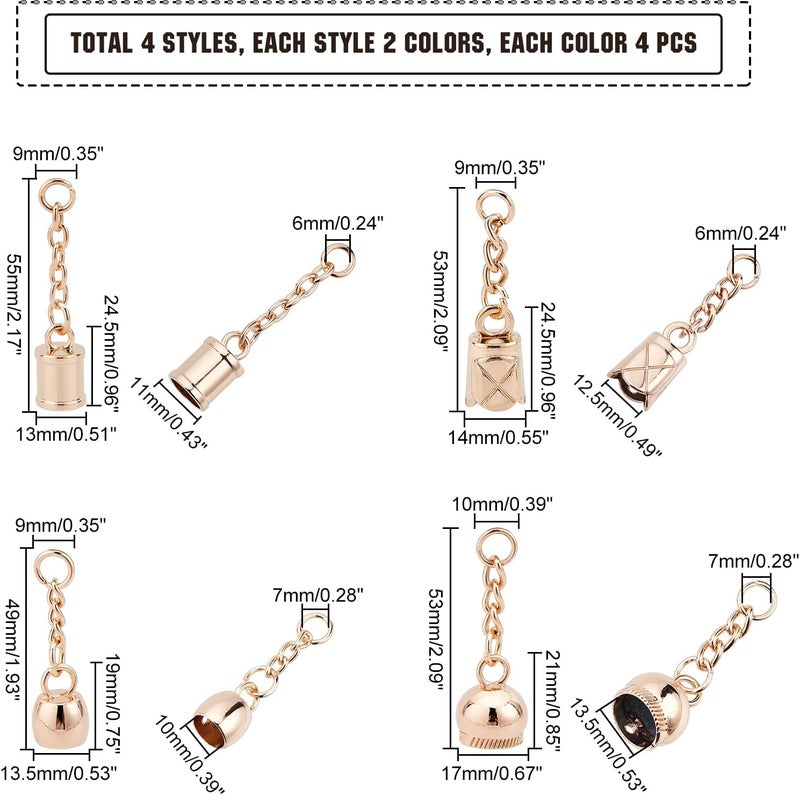 klarako 32pcs Metal Cord End Covers, 4 Styles Barrel Cord Ends Leather Cord Barrel Ends Glue-in Rope Fastener Clasp with Screw for Necklace Bracelet Cord Tassel Jewelry Making, 2 Colors - Image 4