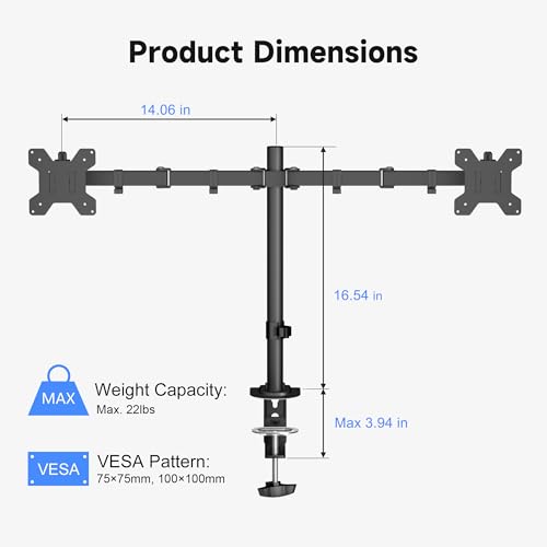 Pholiten Dual Monitor Stand Heavy Duty Adjustable Monitor Arm Desk Mount for 2 Screens up to 32 Inches Tilt Swivel Rotate Supports 22 lbs Per Monitor Arm - Image 3