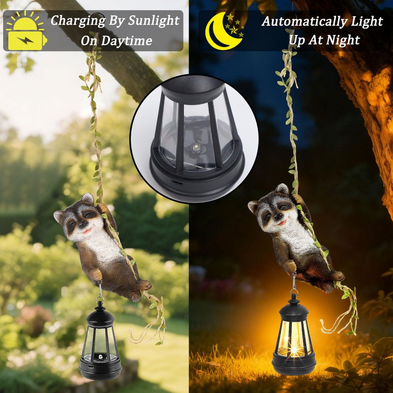 ZaaYee تمثال راكون معلق شمسي زاي يي، تمثال حيوانات من الراتنج الخارجي مع أضواء LED للحديقة، السياج، الشرفة، الفناء، ديكور الساحة، تشغيل/إيقاف تلقائي من الغسق إلى الفجر - Image 4