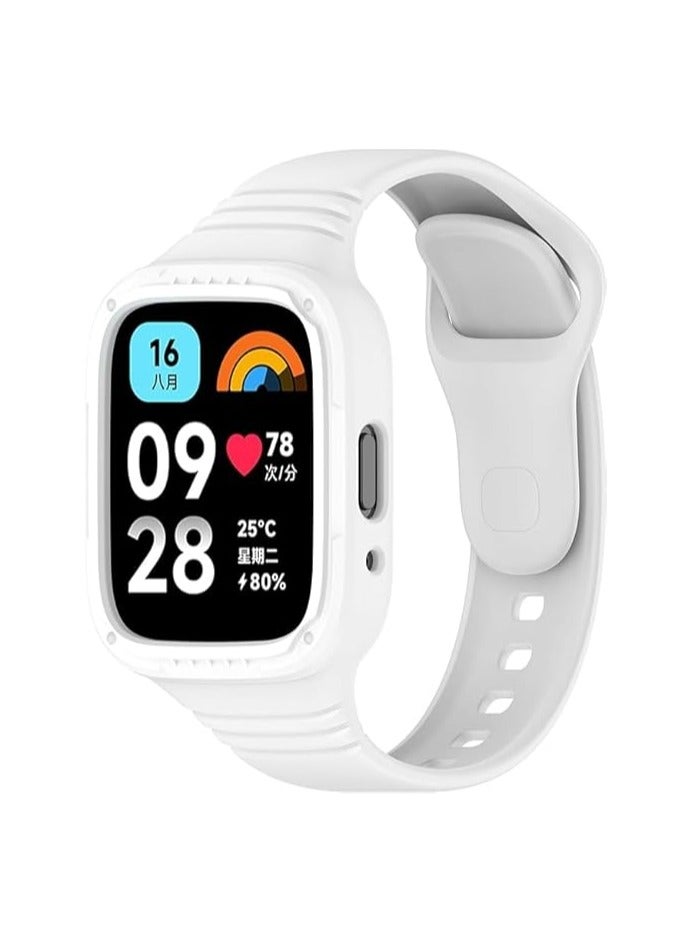حزام لساعة Redmi Watch 3 Lite/Redmi Watch 3 Active، سوار ساعة بديل من السيليكون الرياضي مع حافظة ممتصة للصدمات لساعة Redmi Watch 3 Lite/Redmi Watch 3 Active، سوار معصم قابل للتعديل (أبيض)