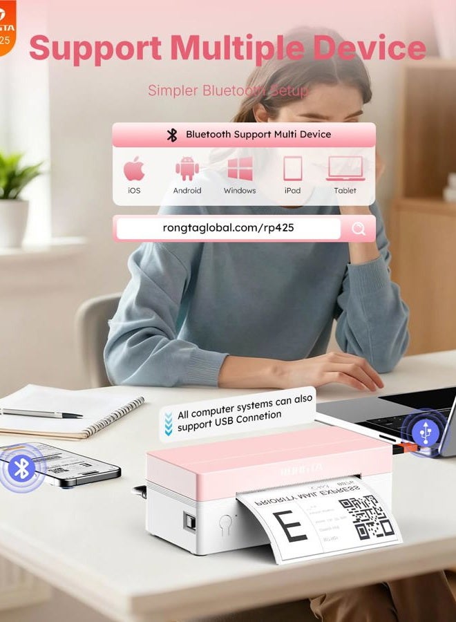rongta 4x6 Bluetooth Thermal Label Printer, Wireless Shipping Label Printers for Shipping Packages Small Business Office or Home, Compatible with iPhone Android iPad macOS Windows, Pink - Image 2