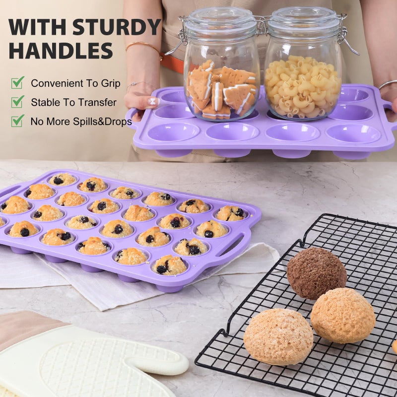 Vnray Mini Silicone Muffin Pan with Metal Frame, Non Stick Silicone Cupcake Pan with Handles 24 Cup, BPA Free Silicon Muffin Tin Tray Small for baking, egg bites, Cupcake Mold Purple - Image 4