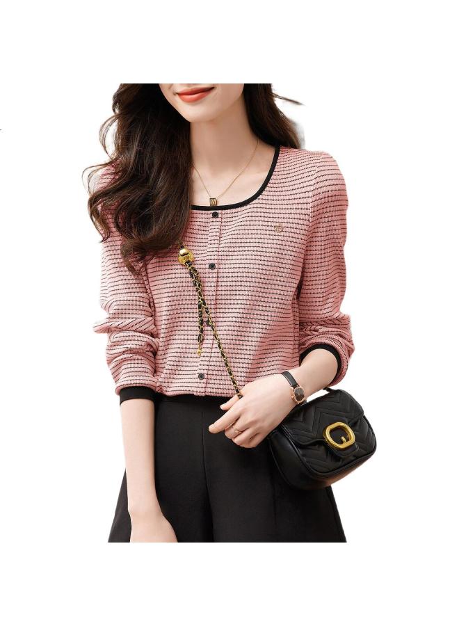 Dme Color Block Striped Elastic Knitted Striped Women'S T-Shirt Spring Autumn Round Neck Puff Sleeve T-Shirt Women Pink S - Image 2