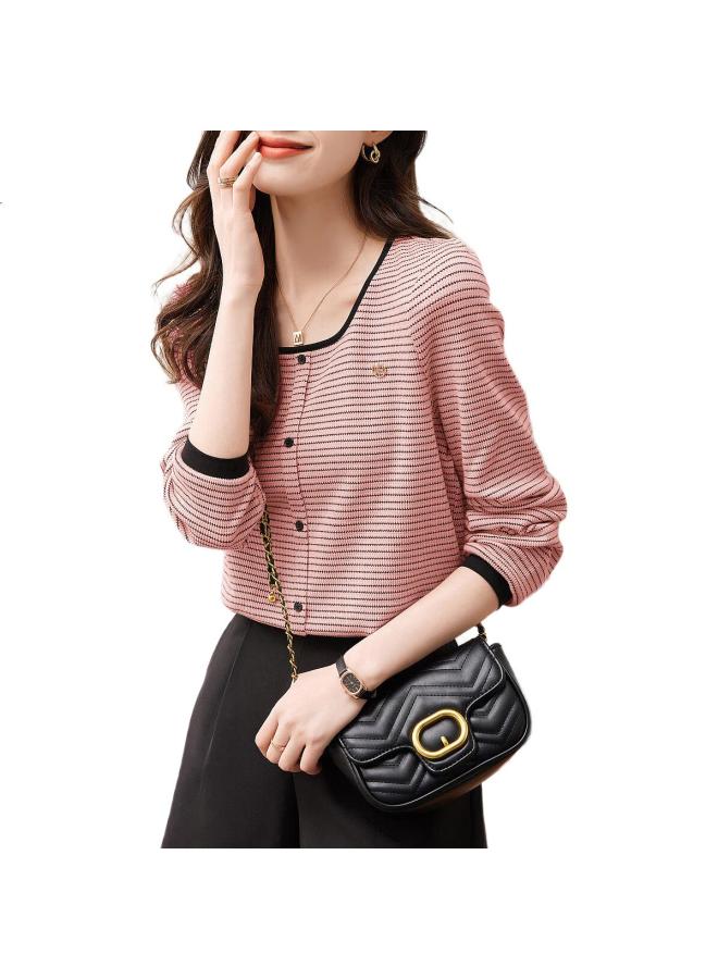 Dme Color Block Striped Elastic Knitted Striped Women'S T-Shirt Spring Autumn Round Neck Puff Sleeve T-Shirt Women Pink S - Image 3