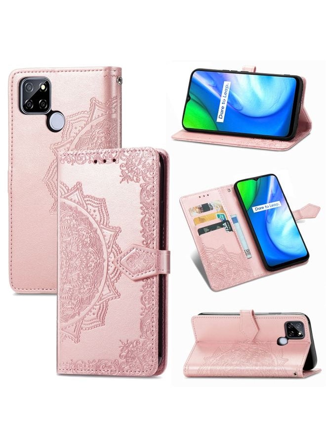 HuHa Case Cover For Realme V3 Mandala Flower Embossed Horizontal Flip Leather Case with Holder & Three Card Slots & Wallet & Lanyard Rose Gold 