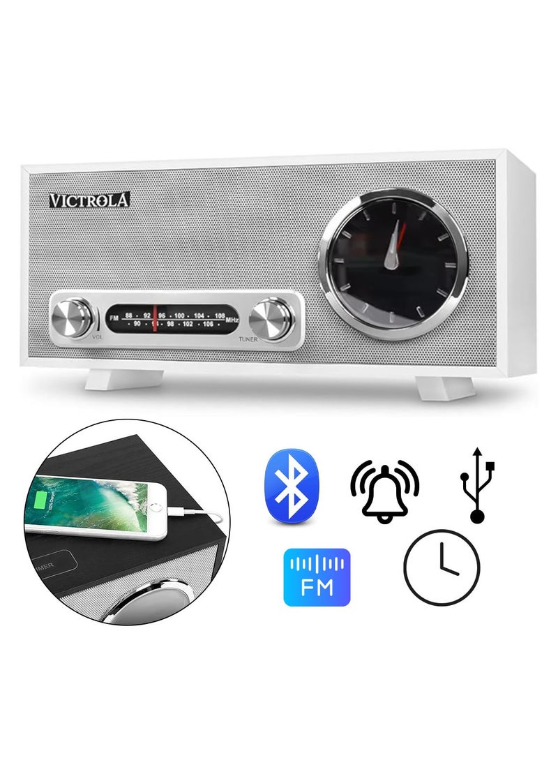 VICTROLA Classic Wooden Radio & Bluetooth Speaker with Clock – High Sound Quality, White Color  - Image 1