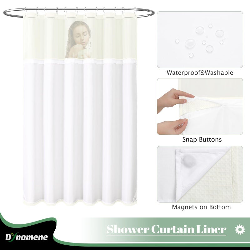 Dynamene Extra Long Shower Curtain  84 Inch Long Waffle Fabric Shower Curtain for Bathroom  Tall Waterproof Cloth Shower Curtain Liner Set with Hook  Snap in Liner  Mesh Top Window  Beige  72x84 - Image 2