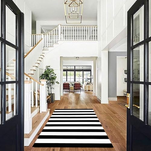 KOZYFLY Black and White Striped Area Rug 4x6 Ft Outdoor Rug Washable Indoor Outdoor Rug Hand Woven Cotton Door Mat Outdoor Entrance Mat for Front Door Kitchen Entryway Patio Front Porch Decor - Image 2
