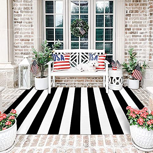 KOZYFLY Black and White Striped Area Rug 4x6 Ft Outdoor Rug Washable Indoor Outdoor Rug Hand Woven Cotton Door Mat Outdoor Entrance Mat for Front Door Kitchen Entryway Patio Front Porch Decor - Image 3