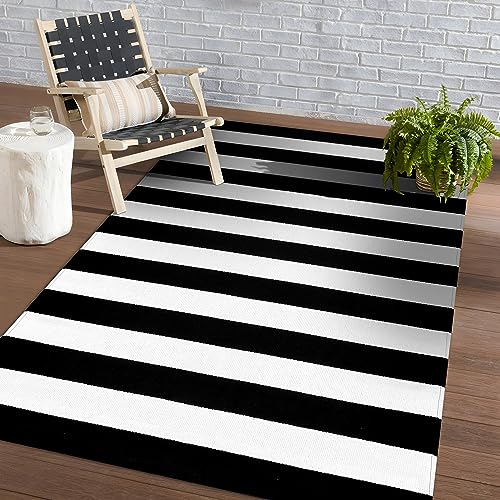 KOZYFLY Black and White Striped Area Rug 4x6 Ft Outdoor Rug Washable Indoor Outdoor Rug Hand Woven Cotton Door Mat Outdoor Entrance Mat for Front Door Kitchen Entryway Patio Front Porch Decor - Image 1