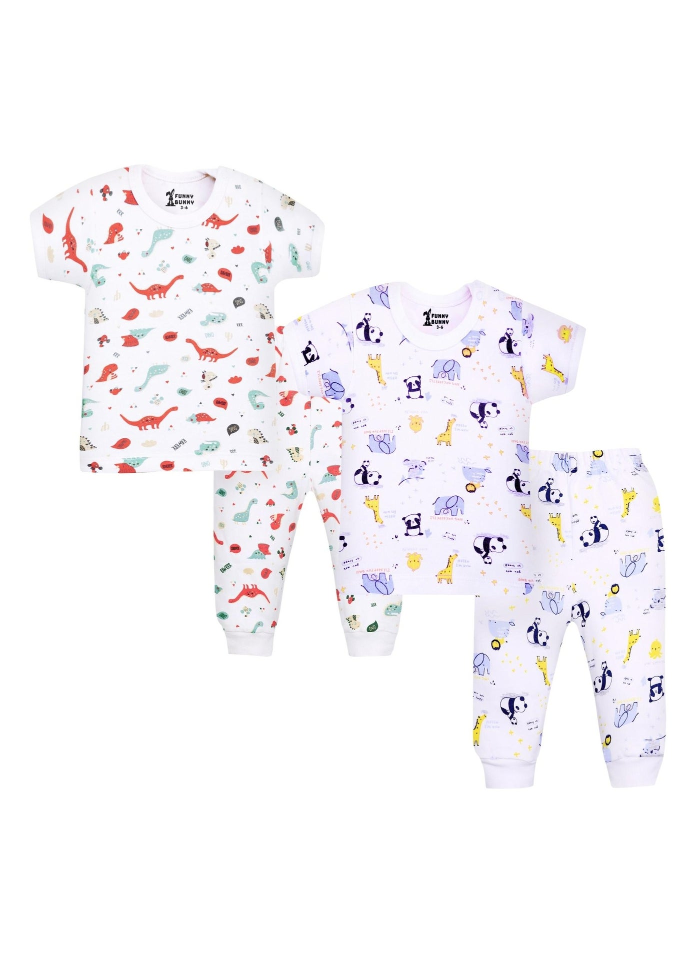 Funny Bunny Pack of 2 Half Sleeve and Pants Baby Sleepwear Set, Cotton Pyjamas with White Prints Baby Boy