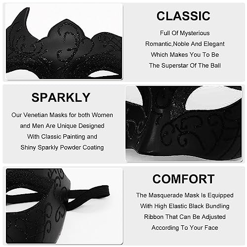 Ralleyfun Masquerade Mask for Men Couple Venetian Mask for Halloween Mardi Gras Costume Party Prom Ball (Black+Black) - Image 3