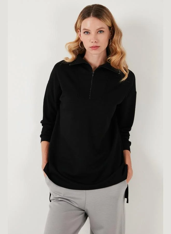 Lela  Lela Regular Fit Zip-Up Collar Short Front Long Back Sweatshirt Women's Sweatshirt 5865876 for Women | Best Price UAE
