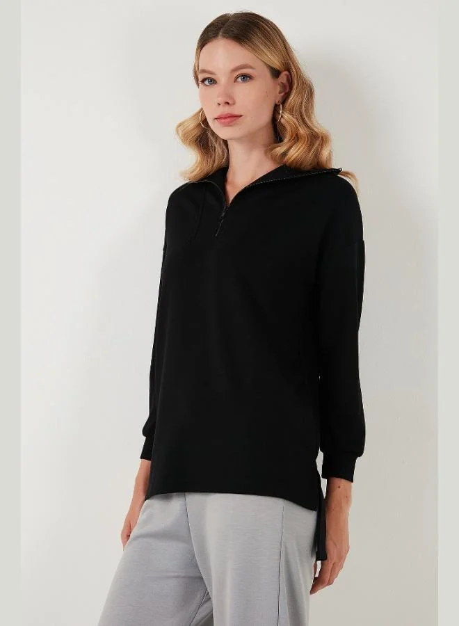 Lela  Lela Regular Fit Zip-Up Collar Short Front Long Back Sweatshirt Women's Sweatshirt 5865876 for Women | Best Price UAE