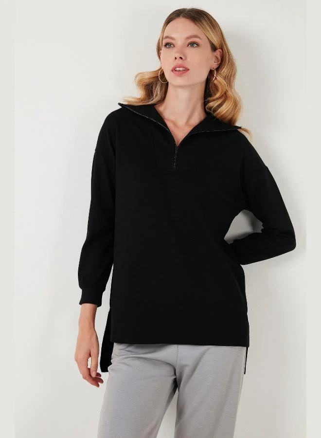 Lela Regular Fit Zip-Up Collar Short Front Long Back Sweatshirt Women's Sweatshirt 5865876
