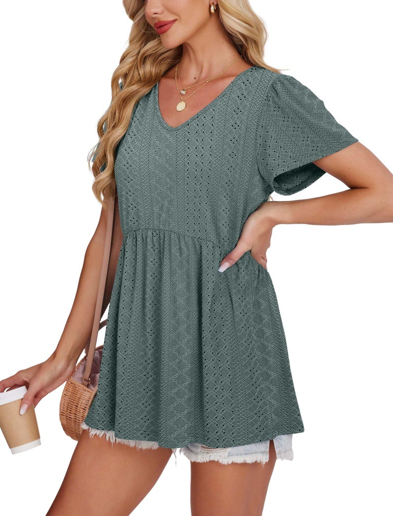 OFEEFAN Plus Size Womens Clothing Loose Fit Dressy Spring Fashion Clothing Beach Vacation Essentials Womens Summer Top Eyelet Peplum Top V Neck T Shirts Gray Green XL - Image 4
