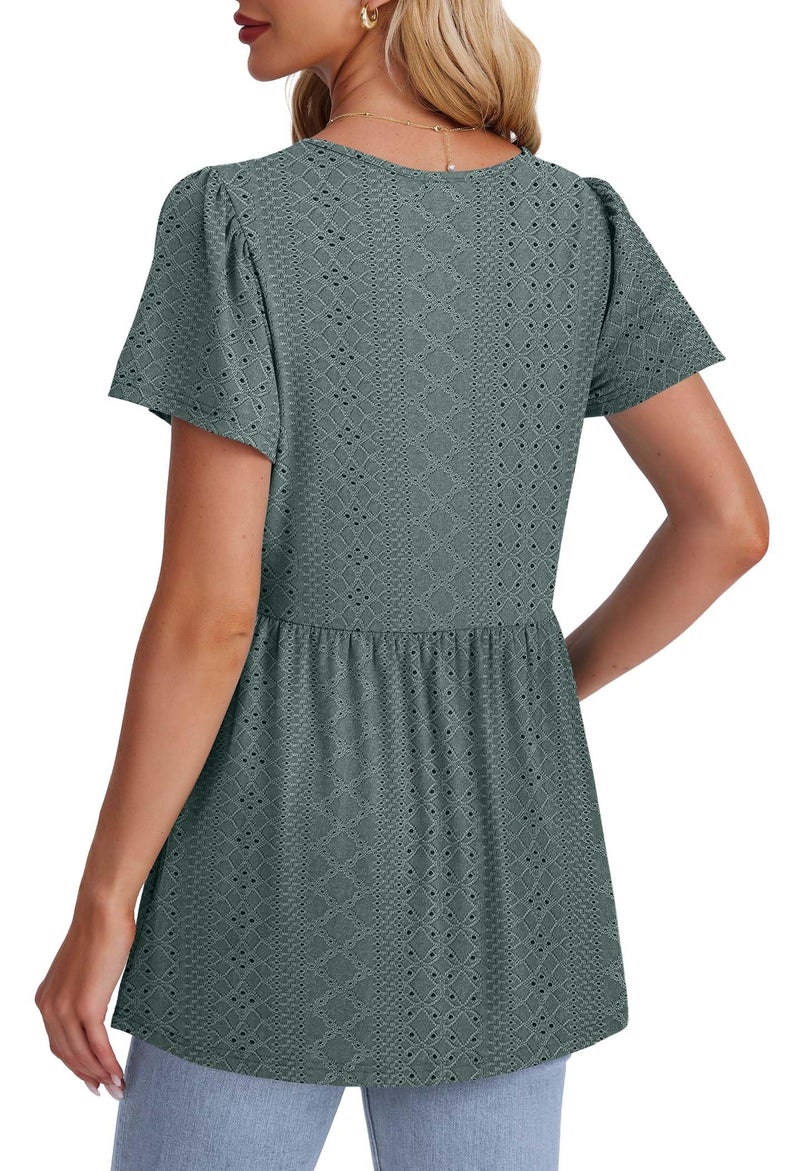 OFEEFAN Plus Size Womens Clothing Loose Fit Dressy Spring Fashion Clothing Beach Vacation Essentials Womens Summer Top Eyelet Peplum Top V Neck T Shirts Gray Green XL - Image 5